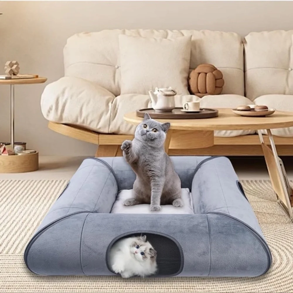 Cat Tunnel Bed, Indoor Cat Cave, Removable Cat Tunnel with Removable Soft Pad
